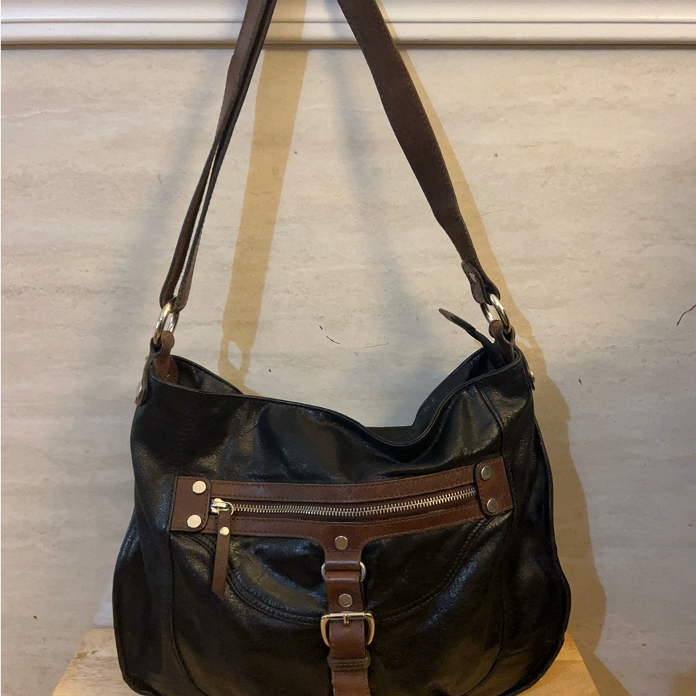 Tano black leather hobo bucket bag.